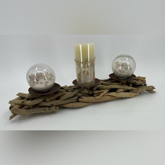 Pier 1 Other - Driftwood Beach Beachy Rustic Seashell 2 Glass Globes 1 Candle 24”x3.5 Decor NWT